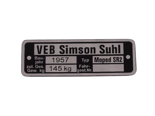Típustábla típustábla /sr2/, 1957, Simson SR2, SR2E