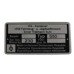 Típustábla, s50, Simson S50