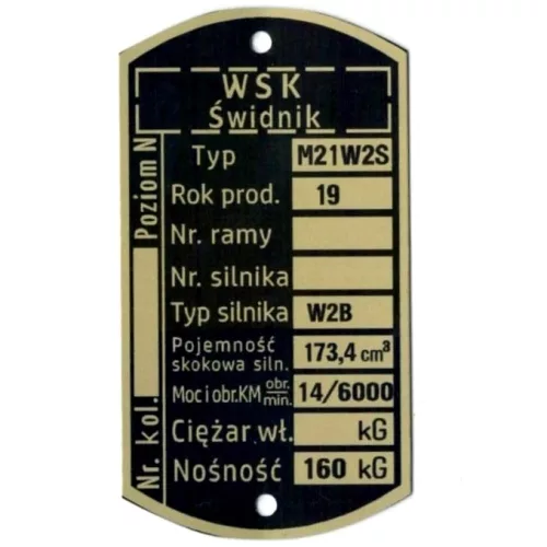 Adattábla, WSK 175 M21W2S DUDEK (W2B ENGINE) PL