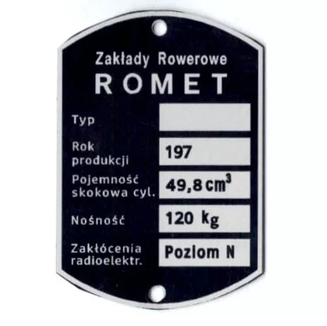 Adattábla, ROMET KOMAR 2338 PL