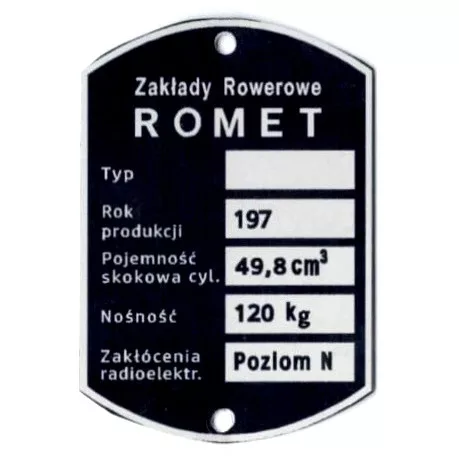 Adattábla, ROMET KOMAR 50 TS-1 2362 PL