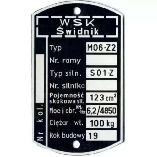 Adattábla, WSK 125 M06-Z2 6,2 KM (S-01-Z ENGINE) PL
