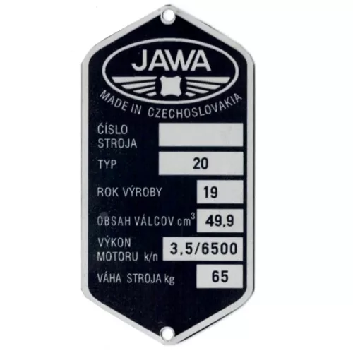Adattábla, JAWA 50 TYPE 20, világos logó, PL