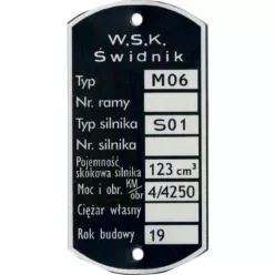 Adattábla, WSK 125 M06 (S01 ENGINE) ŚWIDNIK PL