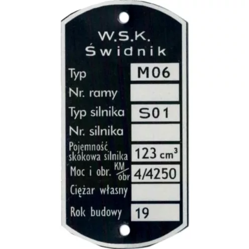 Adattábla, WSK 125 M06 (S01 ENGINE) ŚWIDNIK PL