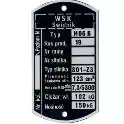 Adattábla, WSK 125 M06B1 (S01-Z3 ENGINE) 1969-1970 PL