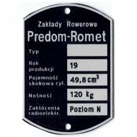 Adattábla, ROMET KADET M780W PL