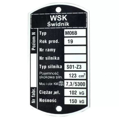 Adattábla, WSK 125 M06B (ENGINE S01-Z3) PL