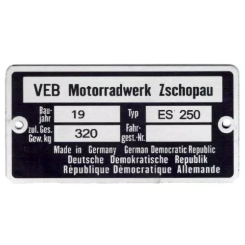 Adattábla, MZ ES 250 TYPE 2 PL