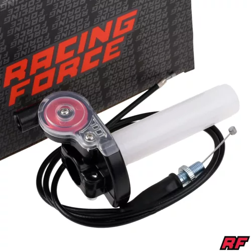 Gázmarkolat + fekete bowden, RACING FORCE, univerzális, V3, piros