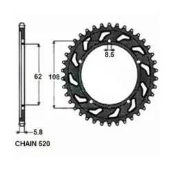   Szekunder hajtás hátsó lánckerék, SUNSTAR 40T, APRILIA RS 125, régi típusú